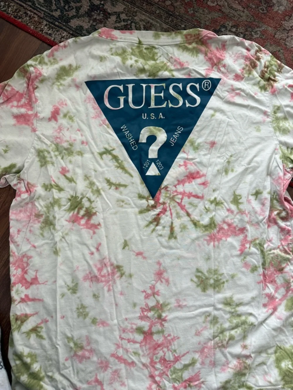GUESS White Tee with Pink & Olive Green Tie-Dye Accents - Picture 4 of 4